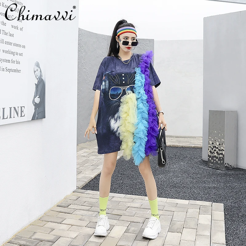 

European Heavy Cat Printing T-shirt Dress 2022 Summer New Fashion Loose Heavy Embroidery Sequins Mesh Stitching Ladies Dress