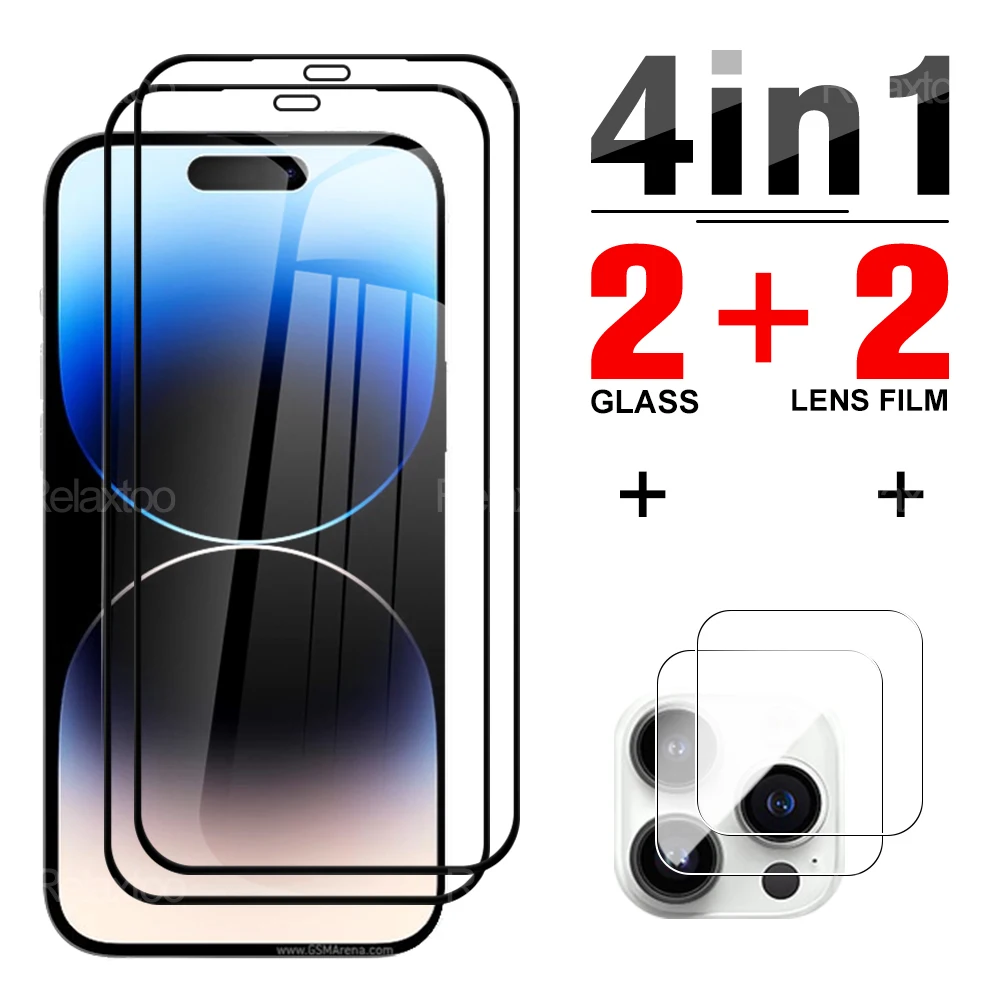 

4 в 1 закаленное стекло для экрана iPhone 14 Pro Передняя пленка для телефона и пленка для объектива камеры для iPhone 14 pro max 14plus защитное стекло
