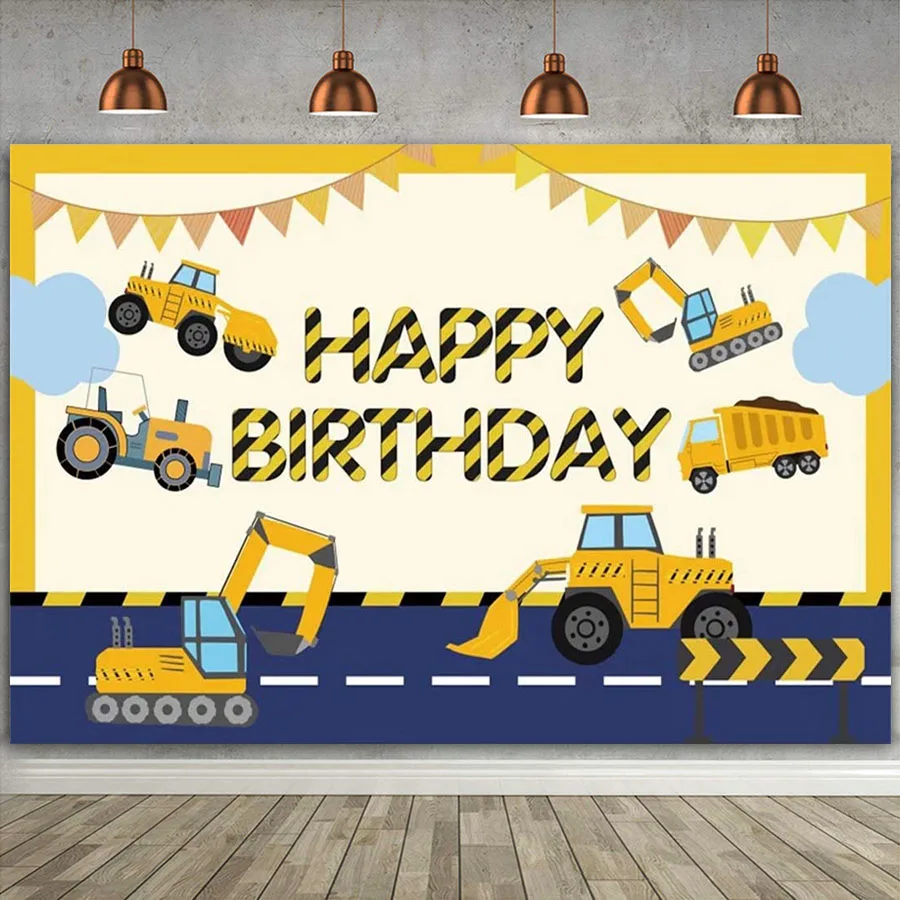 

Construction Theme Happy Birthday Backdrop Party Vinyl Cartoon Dump Truck Photography Background Cake Banner Baby Boys Booth