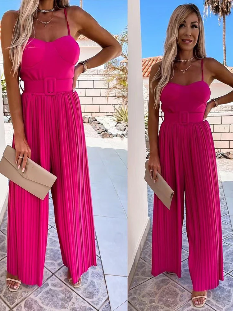 Casual Sleeveless Belted Rompers 2022 Summer Autumn Elegant Solid Pleated Jumpsuit Women Loose Wide Leg Beach Overalls