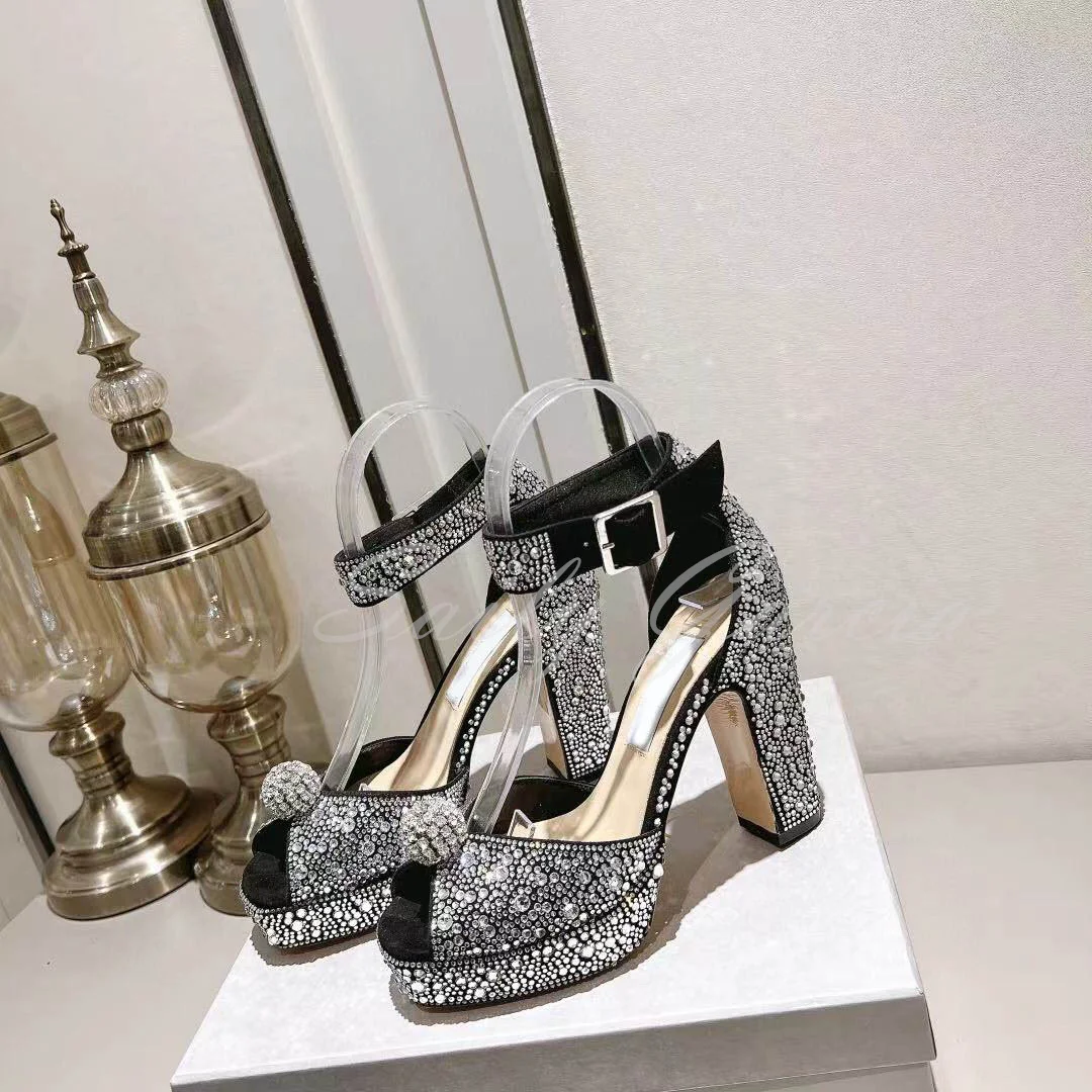 Summer New Fish Mouth Rhinestone High Heel Sandals Women Platform Crystal Thick Heel Buckle Strap Party Dress Ladies Sandals
