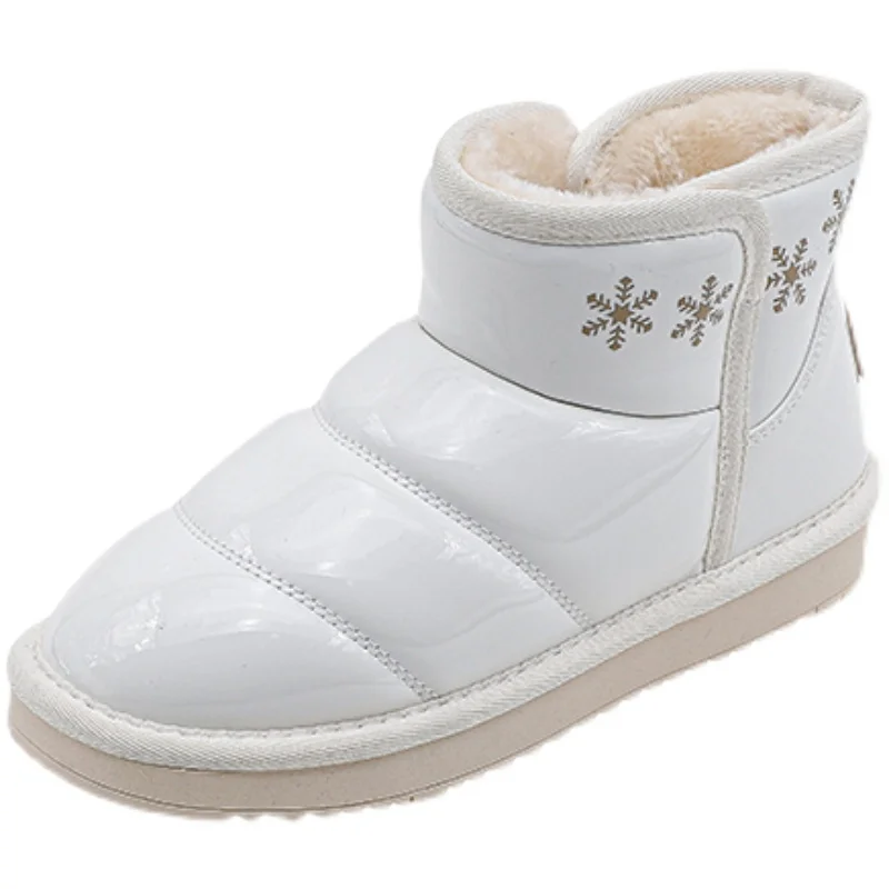 White Snow Boots Women's Waterproof Winter Fleece-Lined Thickened Flat Warm New Cute Snowflake Ankle Boots