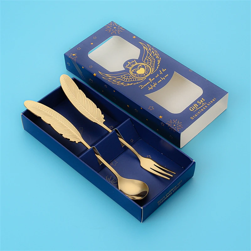 

50 наборов/партия, десертная вилка из нержавеющей стали с перьями для мороженого, семейная Подарочная коробка посылка упаковка для свадьбы, ...