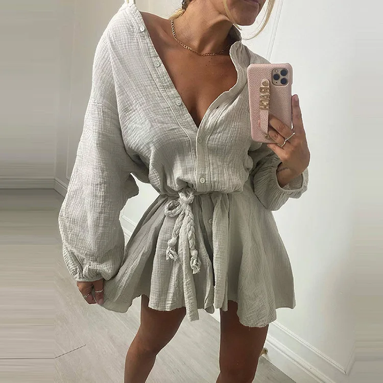 

Летнее элегантное пикантное платье-рубашка SSCL, женские однобортные платья из 2023 хлопка с длинным рукавом, однотонное мини-платье, свободный...