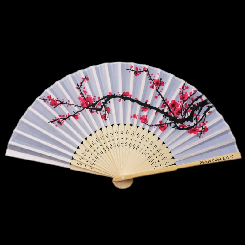50PCS Personalized Chinese Style Plum Flower Design Custom Silk Fabric Folding Hand Fans Wedding Favors in Organza Gift Bags