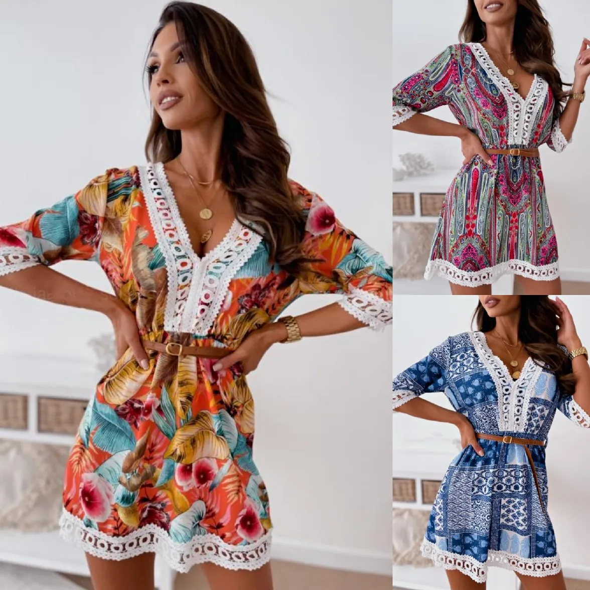 

European and American Style Summer New Women's Clothing 2022 Fashion Temperament V-neck Mid-sleeve Lace Print Dress Women
