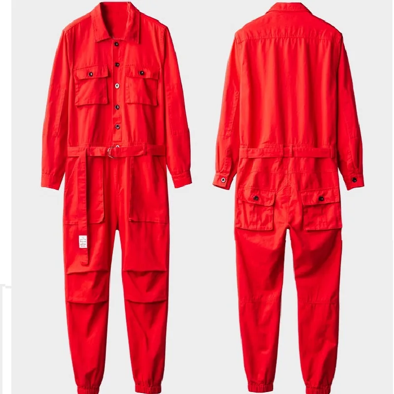 

Men Jumpsuit New Lapel Long Sleeve Red Hip Hop Casual Comfortable Cargo Overalls Loose Multi-Pockets Overalls Men Rompers Street