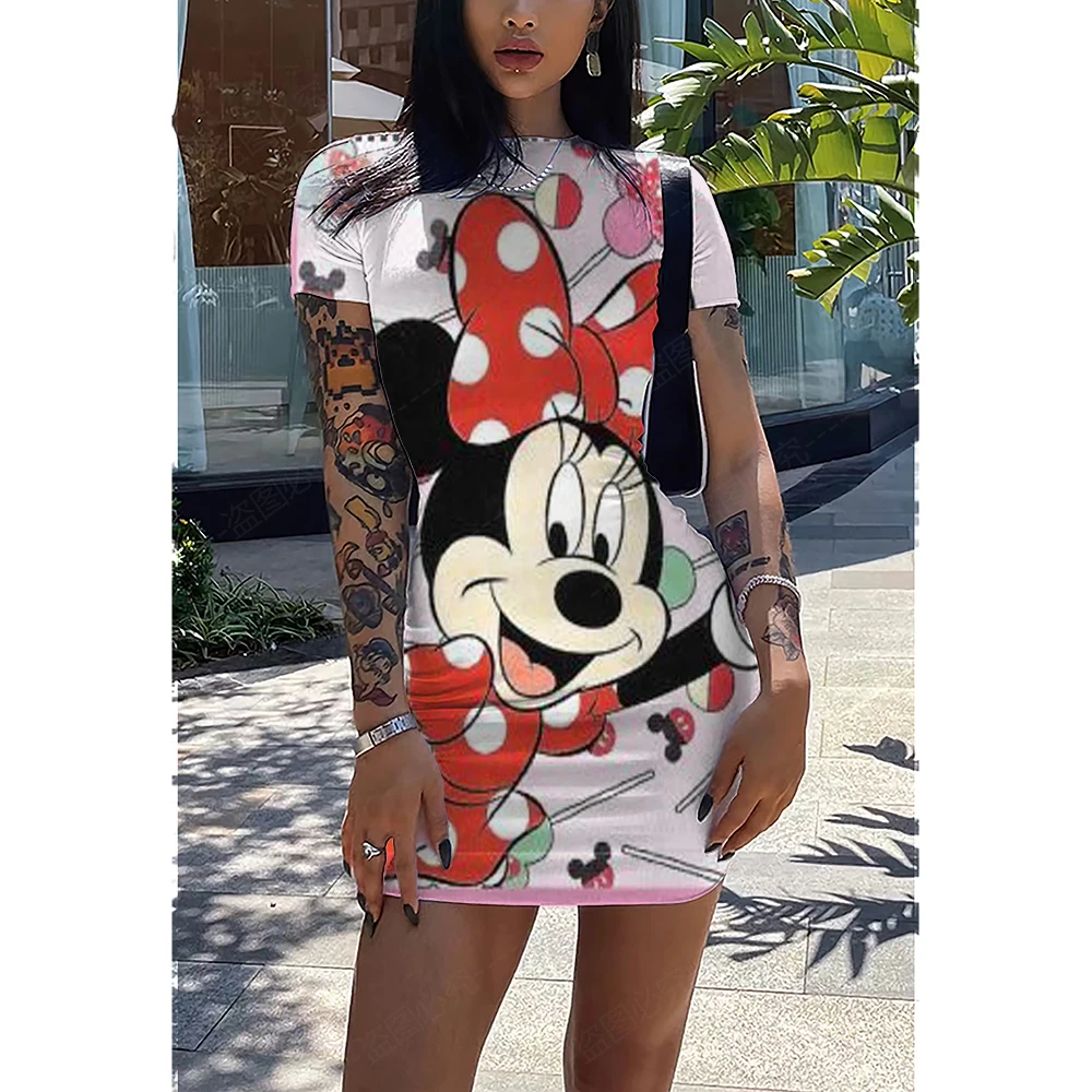 

Disney Mickey and Minnie Mini Dress Women's Vestido Short Sleeve Slim Fit Body Dress Tunic Round Neck Casual Pencil Dress