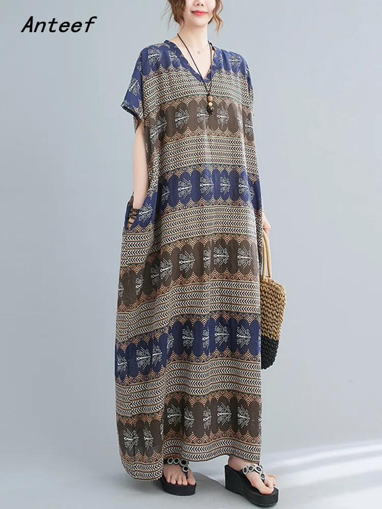 

short sleeve oversize cotton vintage stripe dresses for women casual loose maxi long summer beach dress elegant clothing 2022