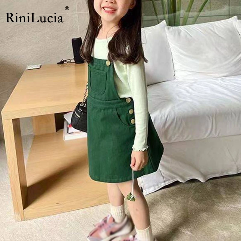 

RiniLucia Girl Denim Dress Sleeveless Knee Length Kids Casual Dress with Pocket Green Dresses For Girls Fashion Girls Clothing
