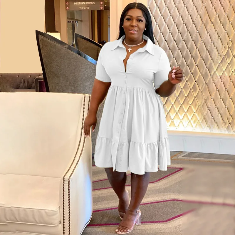 Plus Size Elegant Women Dress Summer Button Skirt Fashion Loose Pain Outfits 2022 Lady Luxury Clothes Party Evening Maxi Gown