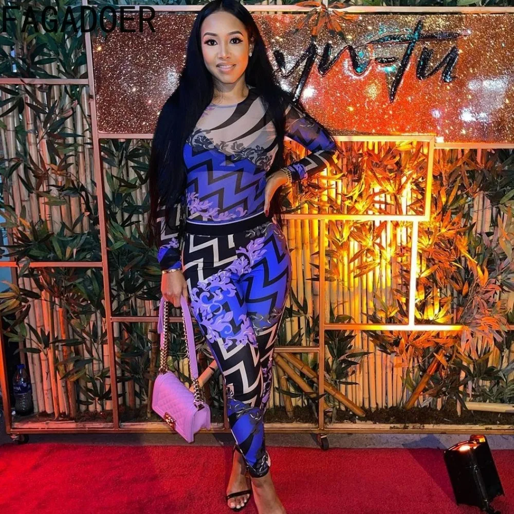 Модные сетчатые облегающие комбинезоны с принтом FAGADOER женские узкие брюки