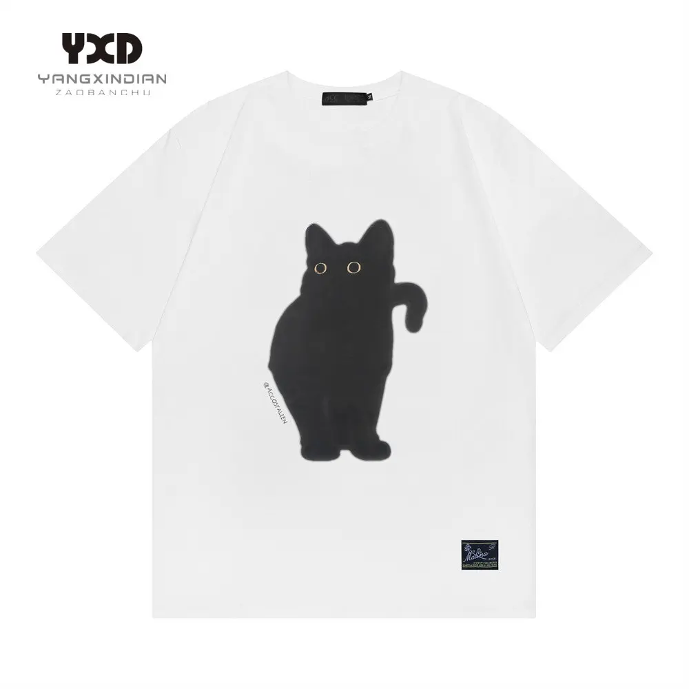 

Black Cat Print Cartoon T-shirt for Men Street Casual Loose Hip Hop O-Neck Cotton T Shirt Off-white New Summer Tops Men Clothing