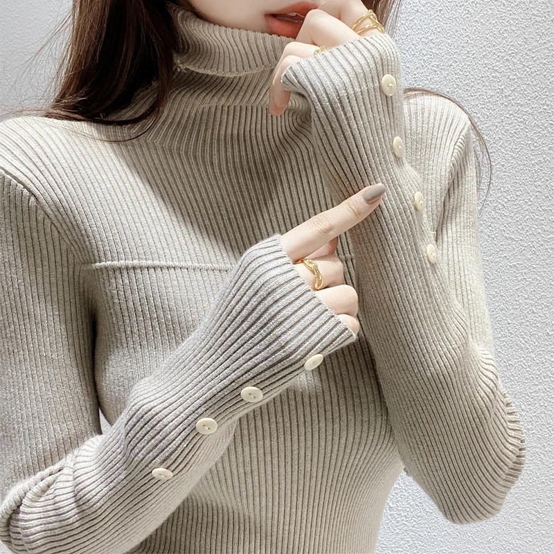 

Pullover Solid Color Winter 2023 New Vintage Slim Turtleneck Jumper Women Tops Long Sleeve Knitted Sweater Slim Sexy Knit 668i