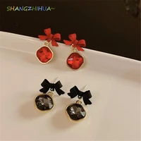 design sense black bow geometric square grey crystal gem pendant earrings korean fashion jewelry for womans party accessories
