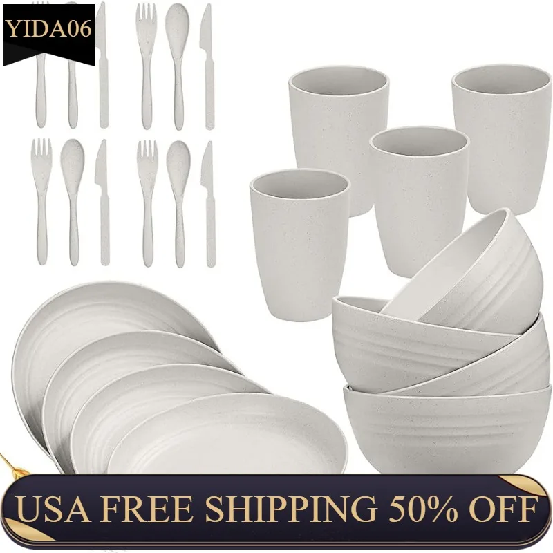 

Wheat Straw Dinnerware Sets for 4 Lightweight & Unbreakable Dishes Microwave & Dishwasher Safe Perfect for Camping, Picnic