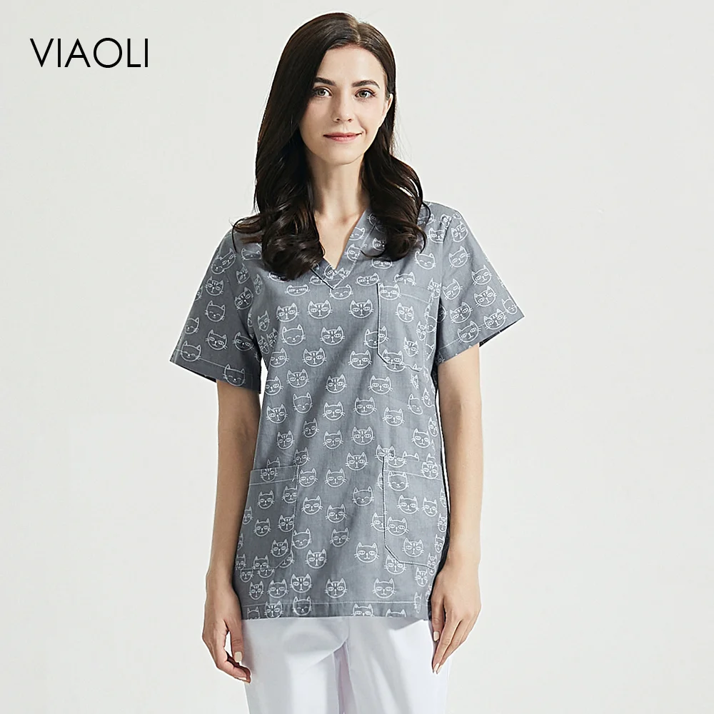 

Топ для ухода за домашними животными с принтом кошки, Рабочая форма, топы и штаны, Пылезащитная рабочая одежда для лаборатории, дышащие хлопковые топы для мужчин и женщин на лето