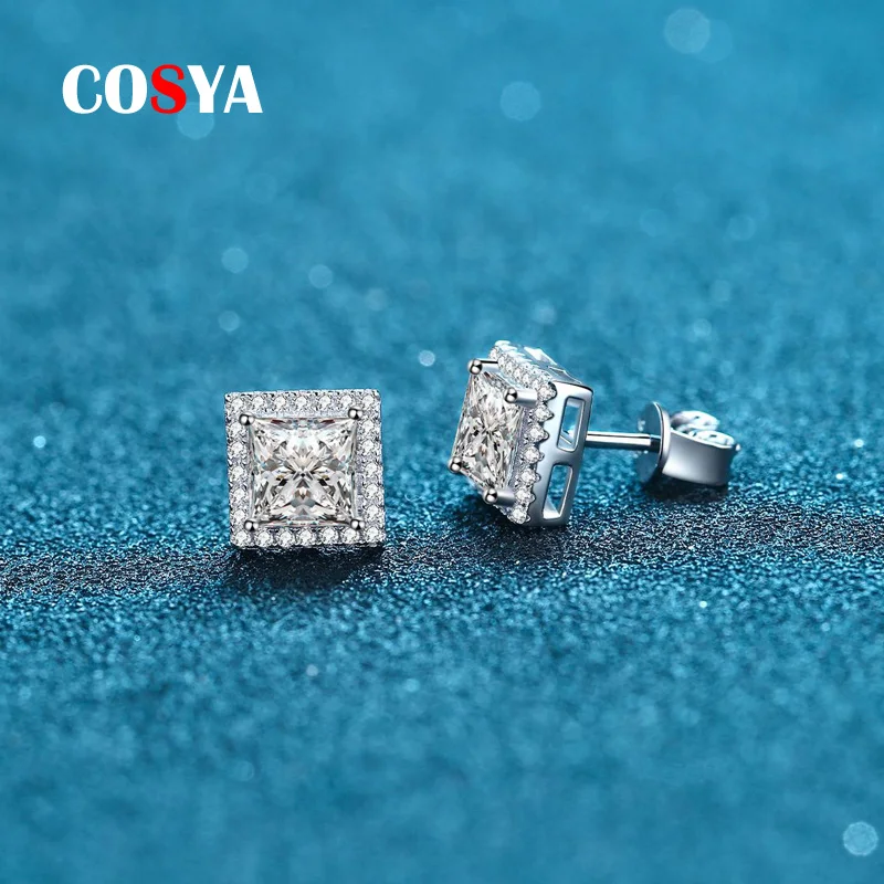 

925 Sterling Silver Iced Out Men Earrings 2CT 4CT Princess Cut Lab Diamond Moissanite Ear Studs GRA Moissanite Stud Earrings