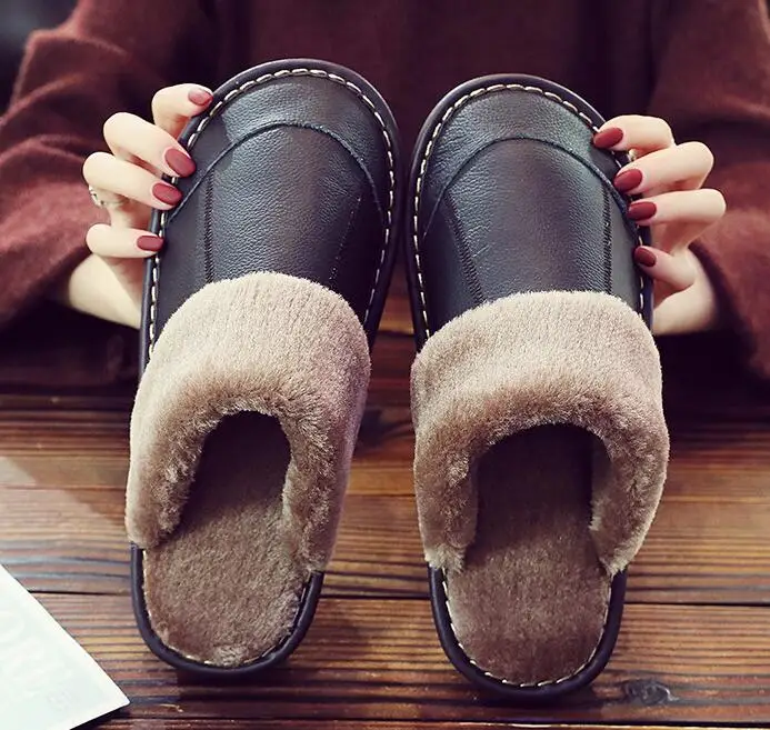 Мужские домашние тапочки из искусственной кожи сланцы искусственный мех черные