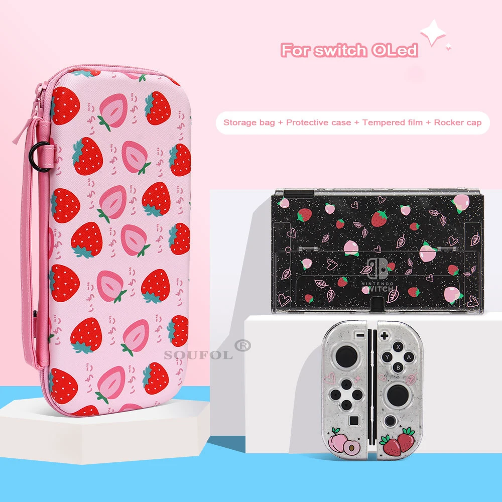 

2022 Cute Pink Strawberry Carrying Case For NS Nintendo Switch OLED Cover Shell Protection With Thumb Grip Travel Pouch For Girl