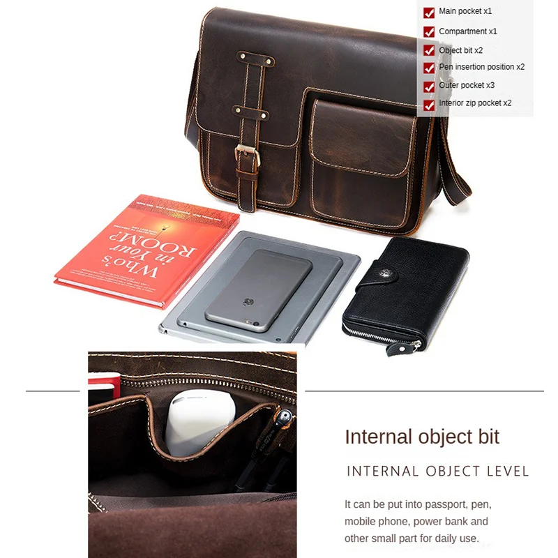 Anti Theft Men's Leather Shoulder Bag Cowskin Crossbody Messenger Bag For Man Male Vintage Style Cross body one Shoulder Bag