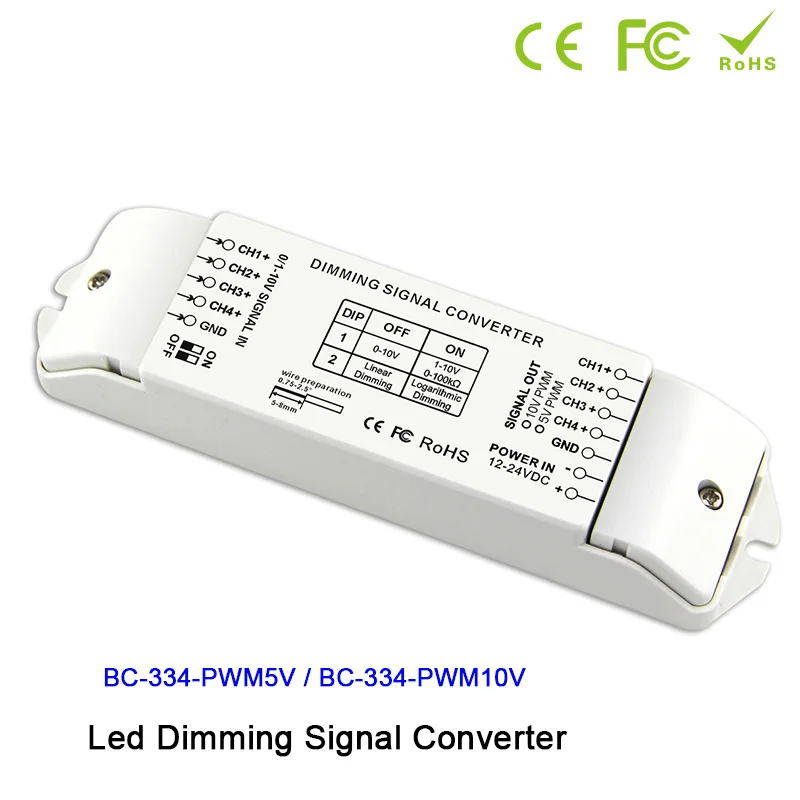 

BC-334 12V 24V LED dimming signal converter DIP switches out 0/1-10V analog signal 5V PWM/10V PWM*4CH 40mA*4CH LED Lamps Dimmer