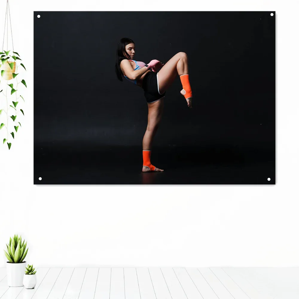 

Woman Boxer Muay Thai Posing Combat Sports Poster Wall Art Flag Gym Decor Fighting Workout Inspirational Tapestry Banners Mural