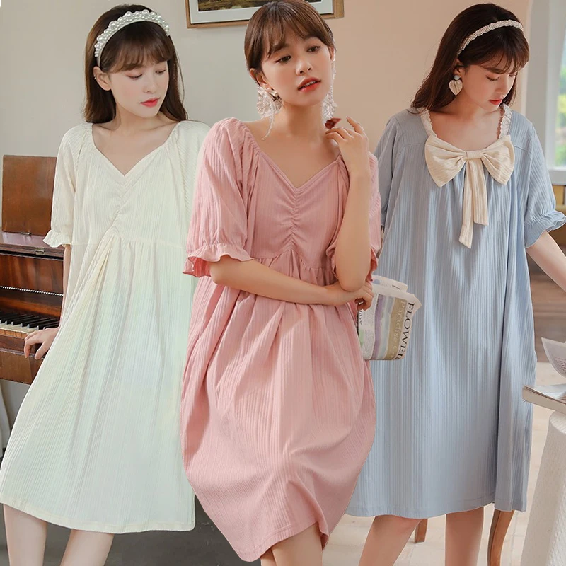 

2022 Summer Short Sleeve Sexy V-neck Cotton Nightgowns for Women Fashion Korean Sleepwear Homewear Night Dress Nightdress Nighty