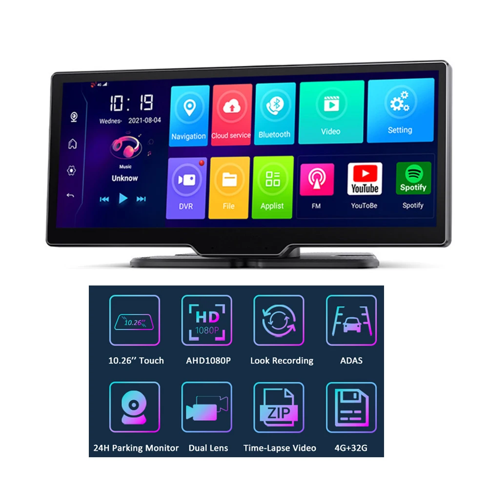 

10.26 Inch Car DVR 4G+32G Android 8.1 Dash Cam Rearview Mirror 1080P Dual Lens ADAS WiFi APP GPS Night Vision Bluetooth FM