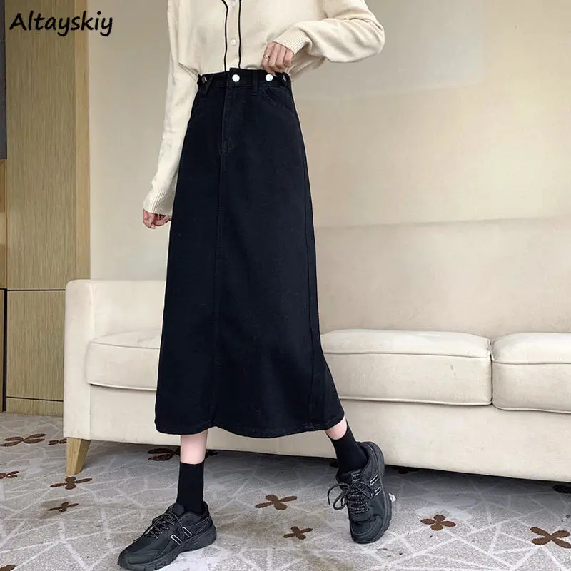 

Plus Size S-4XL Black Denim Skirts Women Design Button Back-slit Empire A-line Long Bodycon Skirt Mujer Temperament Korean Style