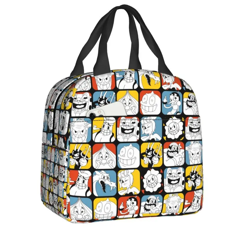 

Cartoon Cuphead Mugman Bosses Insulated Lunch Bag for Women Portable Video Game Thermal Cooler Lunch Box Office Picnic Travel