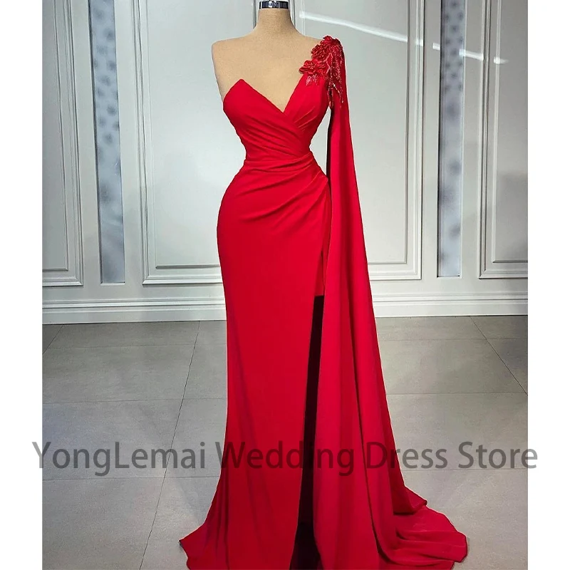 

One Shoulder Long Sleeve Dubai Arabic Side Split Prom Dresses Vestidos De Fiesta Elegant Red Mermaid Evening Dresses Robes 2023