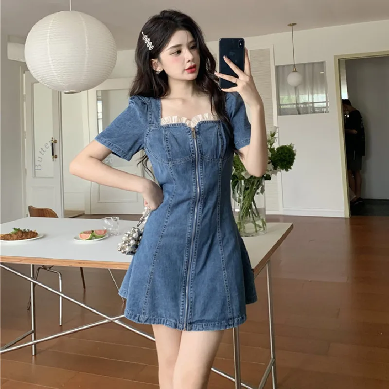 

Summer Fashion Blue Denim Mini Dress Short Sleeve Sexy Square Collar Zipper Dress Vintage Small Girl Retro Slim A Line Dress