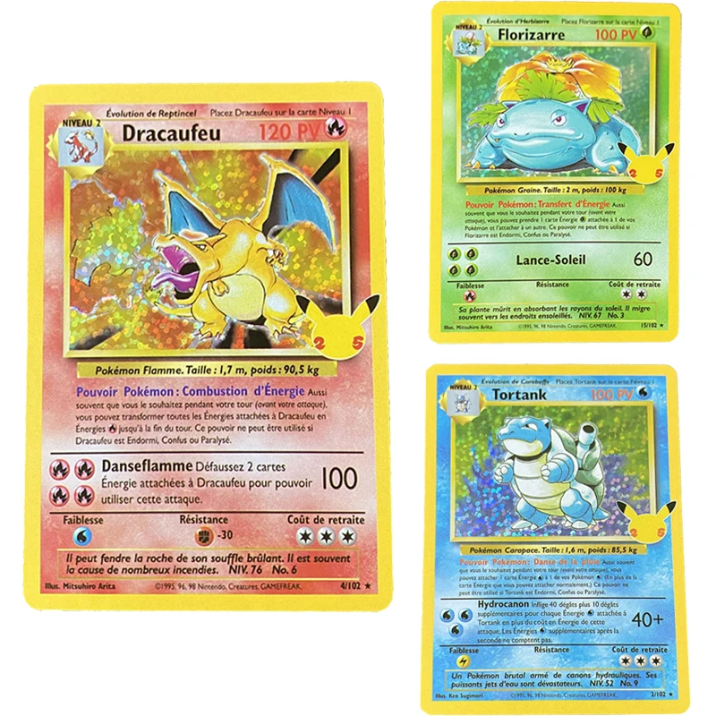 

New 25th Anniversary Pokemon Card French 1996 Years DIY Pokemon Flash Cards Charizard Blastoise Venusaur Game Collection Cards