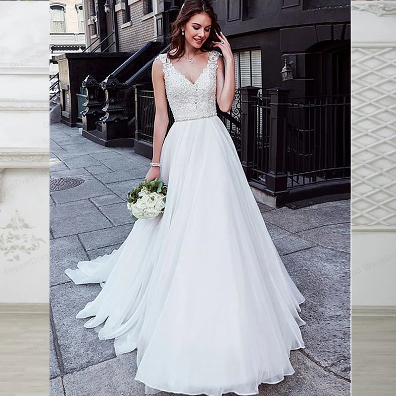 

Простое свадебное платье-трапеция 2022, кружевное платье без рукавов с V-образным вырезом и аппликацией, со шлейфом, индивидуальный пошив, выш...