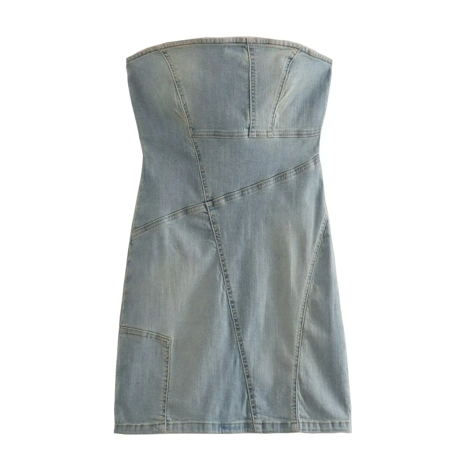 

Dave&Di 2023 Summer Mini Fashion Dress Ins Blogger Vintage Washed Old Off Shoulder Tube Denim Dress Women