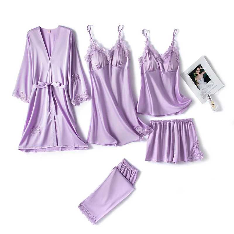 5 Piece Sexy Pajama Set Pajamas Lace Suspender Shorts Fashion Robe Pajamas Ice Ribbon Chest Pad Women's Pajamas