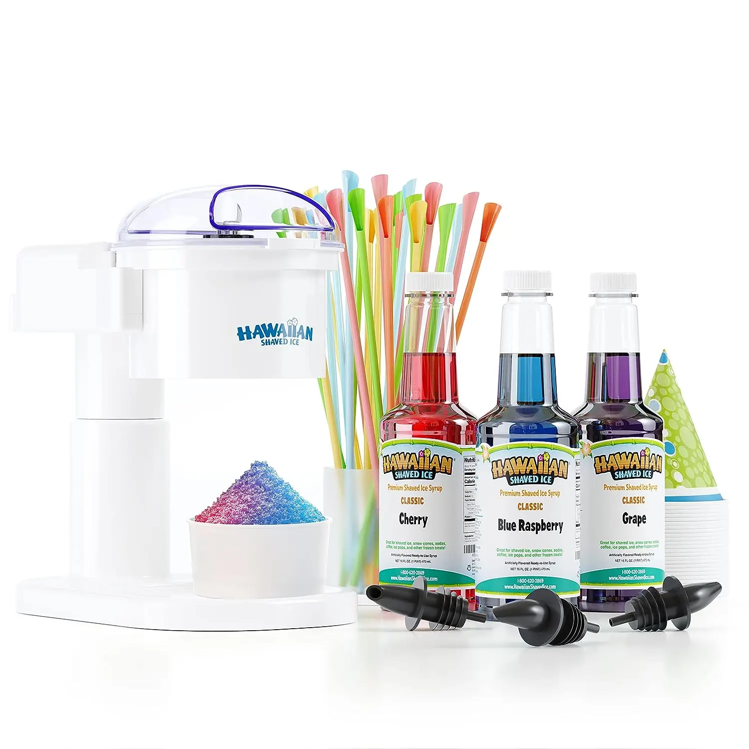 

Shaved Ice S700 Kid-Friendly Snow Cone Machine Kit with 3 - 16oz. Syrup Flavors Cherry, Grape, and Blue Raspberry, Plus 25 Snow