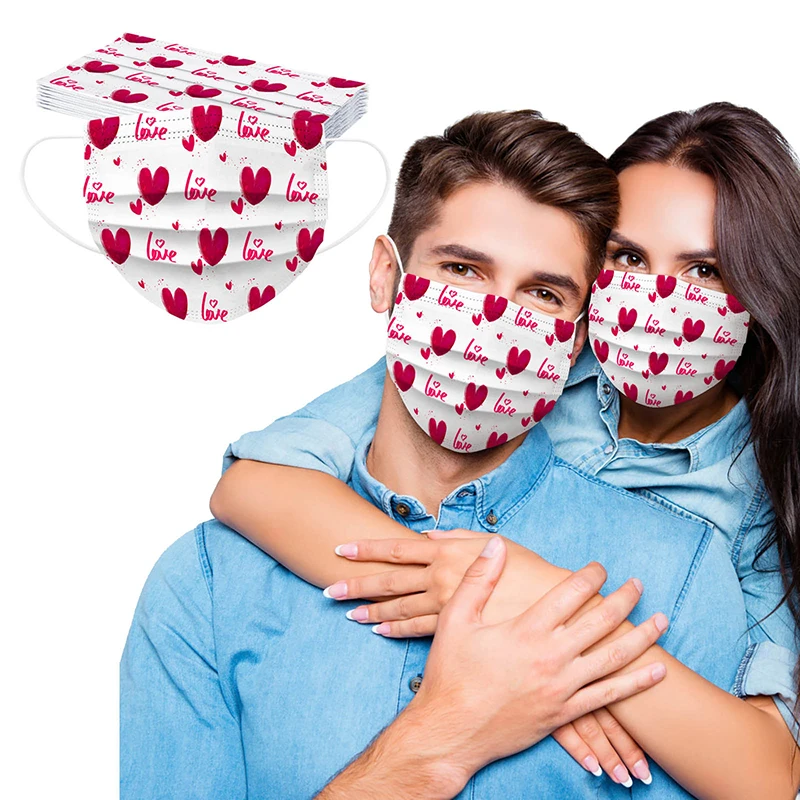 

10PCS Adult Valentine Love Heart Printing Disposable 3Ply Masks Lovers Couple Face Cover Outdoor Dust Mask Maschera
