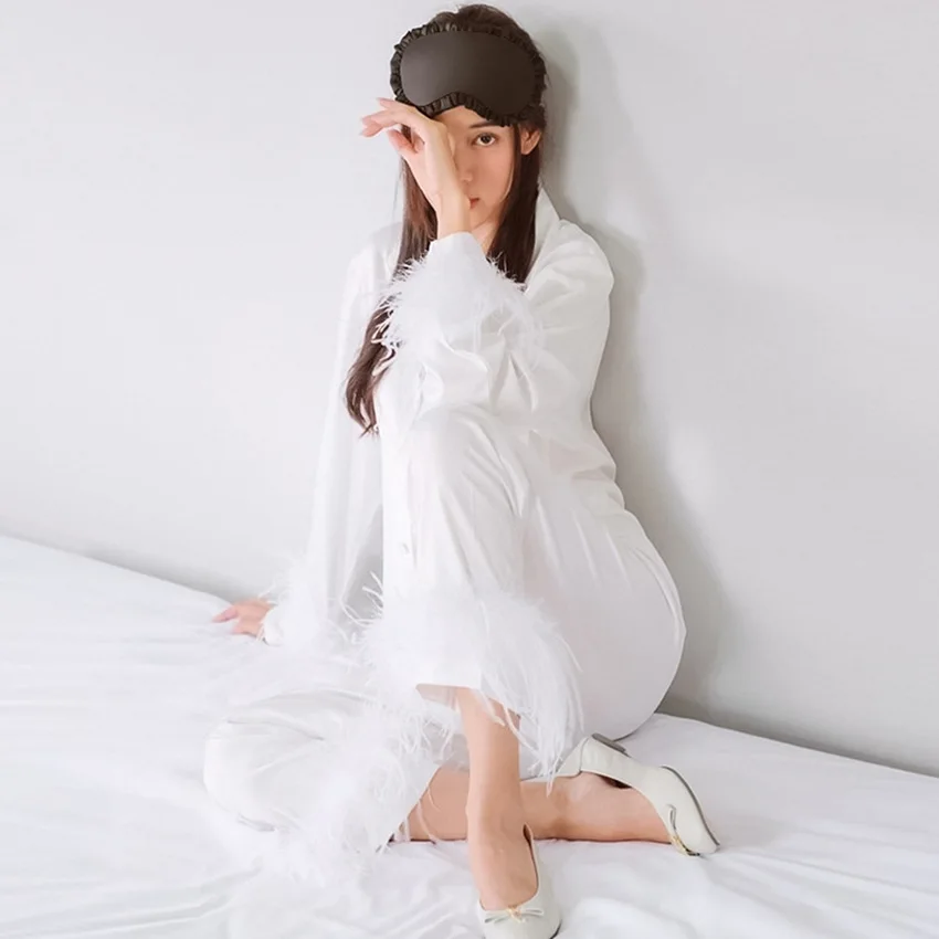 Women Pajamas Long Sleeve Feather Sleep Tops Loose Trousers Fashion Casual Solid Two Piece Set Pijamas Y2k Woman Sleep Clothing