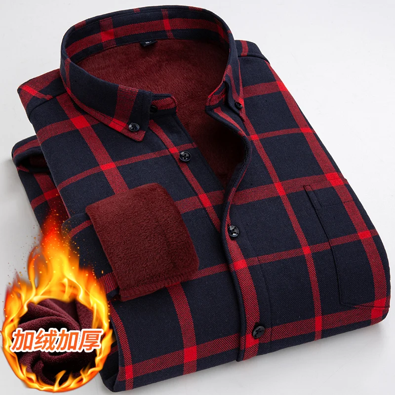 2023 Mens Plaid Shirts Warm Thickening and Fleece Lining High Quality Plus Velvet Button Down Shirts Autumn/Winter Male Clothing