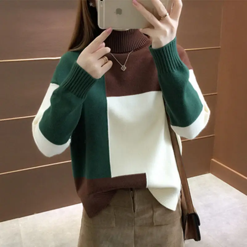 

Plush Thickened Autumn and Winter Knitwear Color Blocking High Neck Women's Pullover Sweater Short Loose Top Underpin New Style