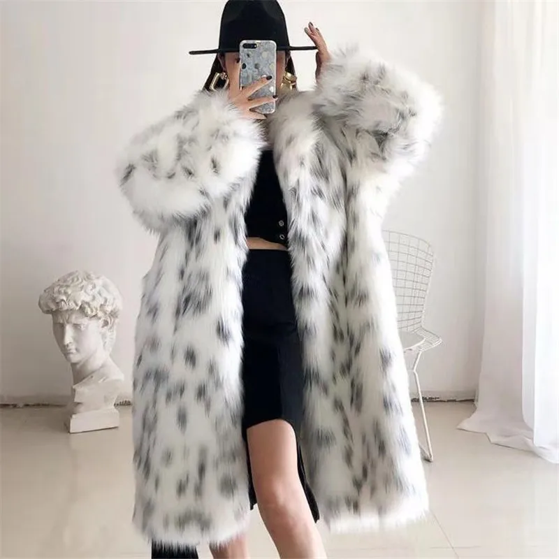 New Winter wrap Korean Fashion Fluffy Warm Faux Fur Jacket Women Lapel Long Elegant White Leopard Faux Mink Fur Coat