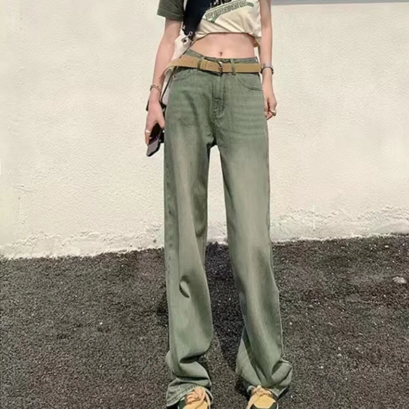 American-Style Retro Green Wide-Leg Jeans Women's Spring High Waist Loose and Slimming Straight Tall Lengthened Mop Pants