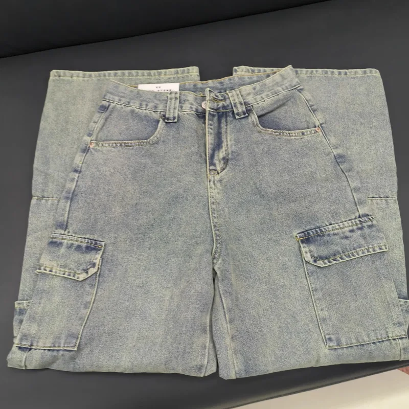 Женские эластичные джинсы-карго с высокой талией в стиле хип-поп свободные брюки