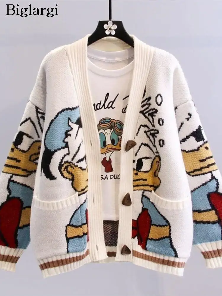 

Knitted Autumn Sweater Coat Women Cartoon Print Long Sleeve Ladies Cardigans Coats Casual Fashion Loose Woman Coat 2023