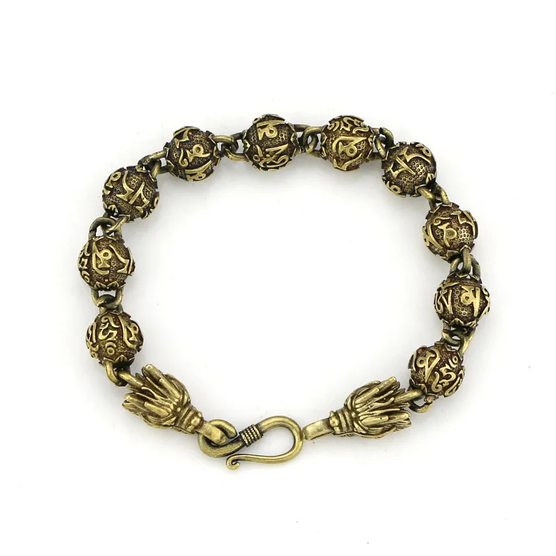 

Vintage Distressed Pure Brass Domineering Six-Word Mantra Buddha Beads round Beads S Buckle Faucet Bracelet for Men