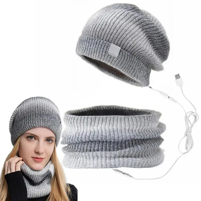 

Комплект 2 в 1 из шапки и шарфа с USB-подогревом, зимний теплый шарф, вязаная шапка, шарф, мужской и женский зимний шарф, теплая шапка для дома и улицы