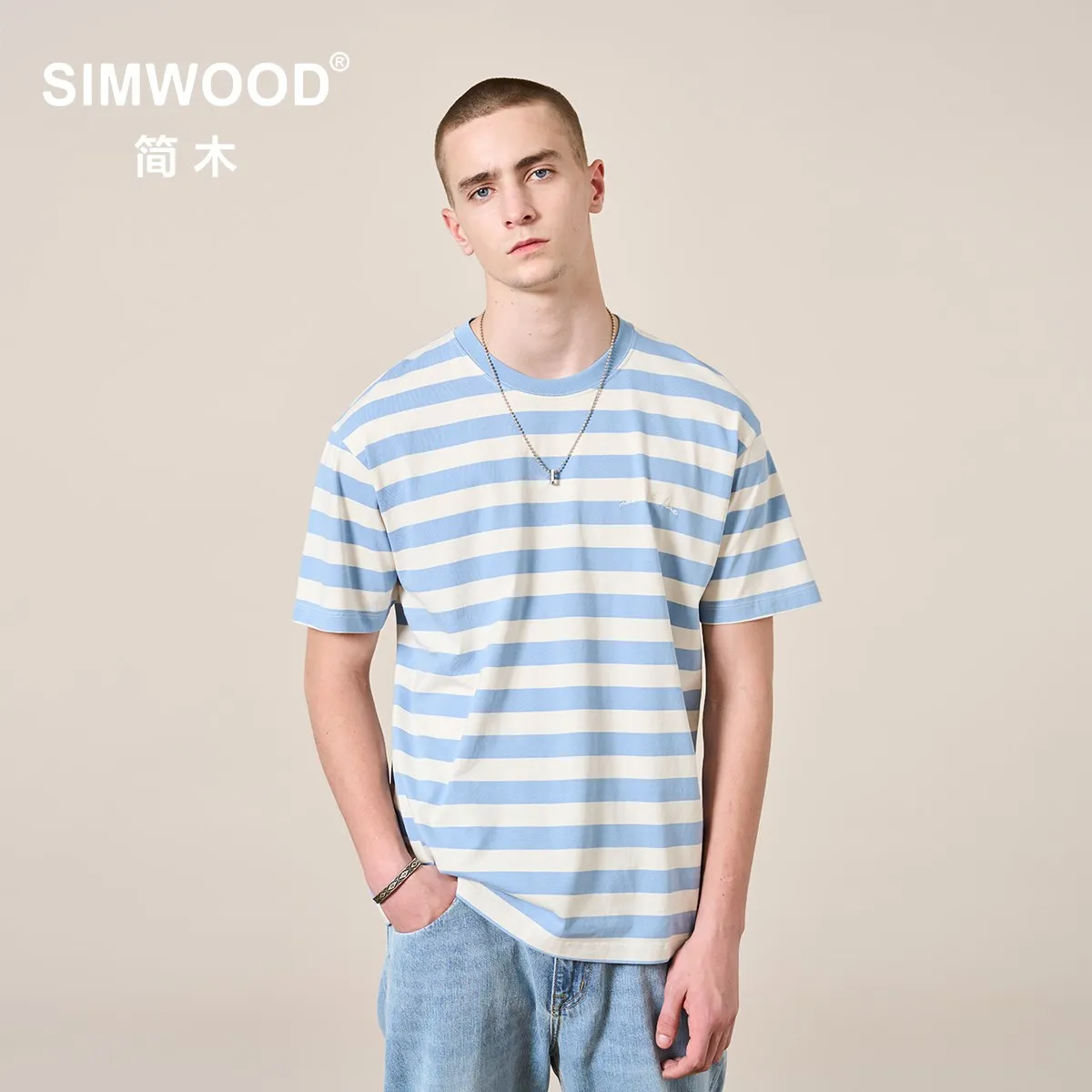 

SIMWOOD 2023 Summer New Oversize Blue Striped Breton Top Men Letter Embroidery 100% Cotton Tees Plus Size T-shirts