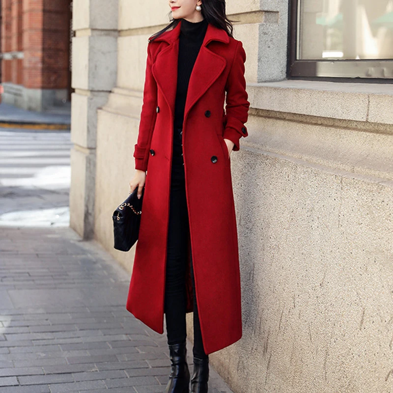 

2022 Autumn Winter Woolen Coat Women Solid Color Double-breasted Fashion Temperament Long Wool Blende Jacket Female